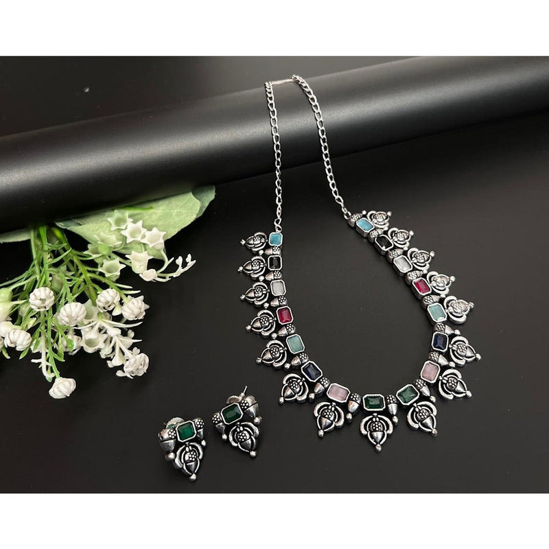 Akruti Collection Oxidised Plated Pota Stone Necklace Set