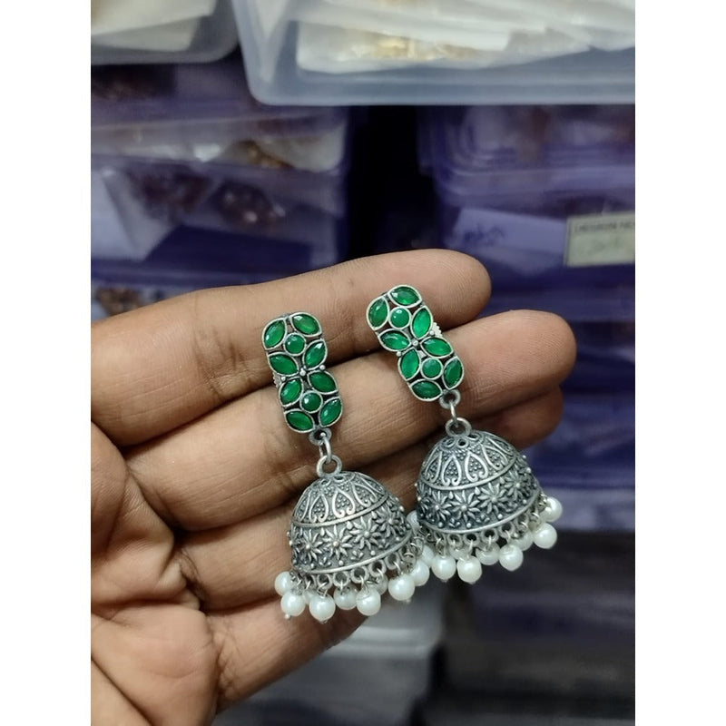 Akruti Collection Oxidised Plated Pota Stone Jhumki Earrings