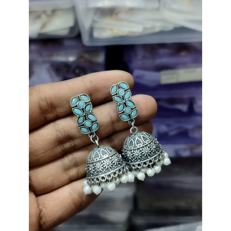 Akruti Collection Oxidised Plated Pota Stone Jhumki Earrings