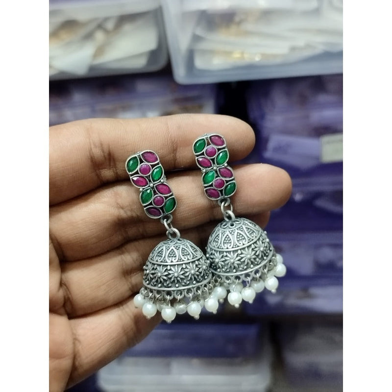 Akruti Collection Oxidised Plated Pota Stone Jhumki Earrings