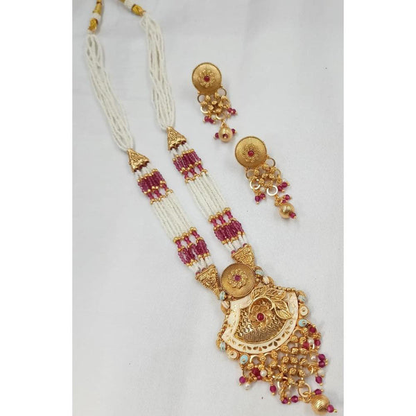 Akruti Collection Gold Plated Pota Stone And Pearls Long Necklace Set