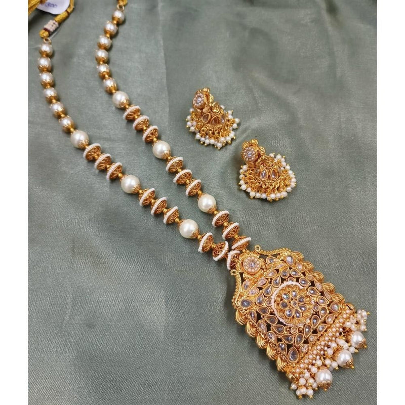 Akruti Collection Gold Plated Crystal Stone Pearls Long Necklace Set