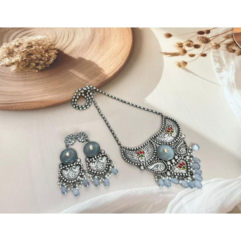 Akruti Collection Oxidised Plated Pota Stone Necklace Set