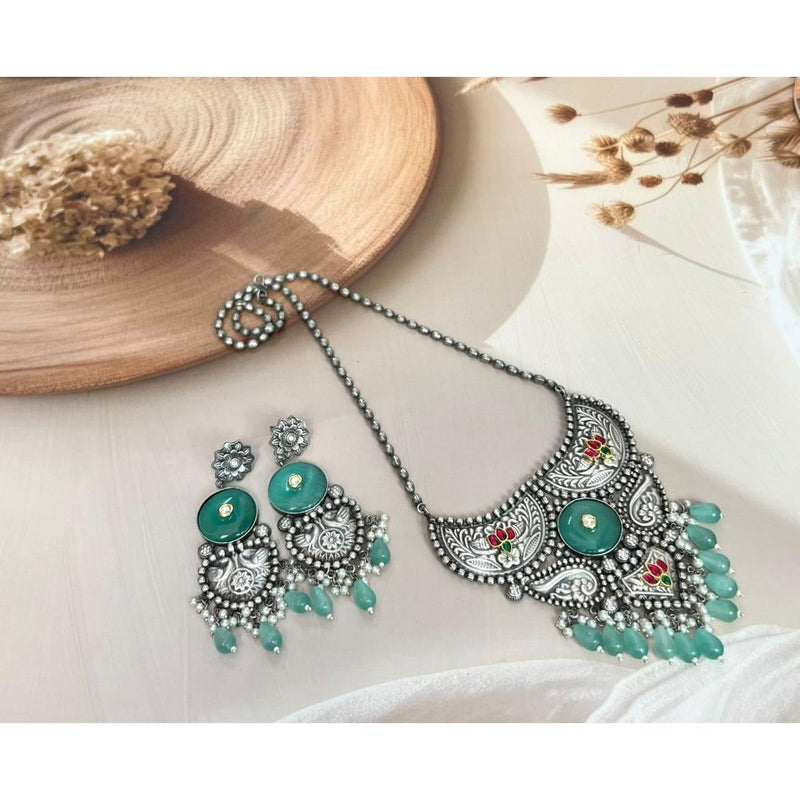 Akruti Collection Oxidised Plated Pota Stone Necklace Set