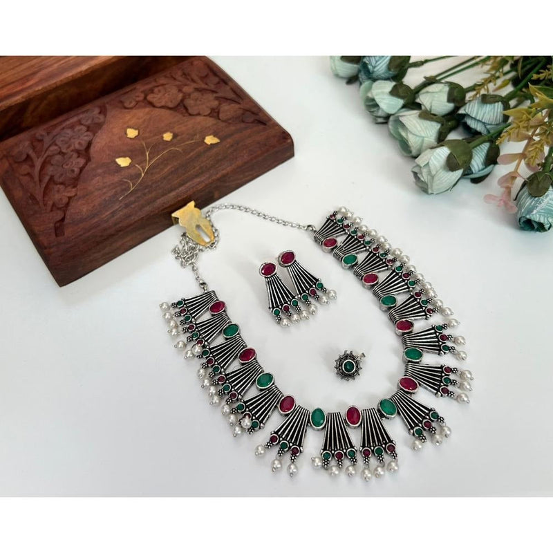 Akruti Collection Oxidised Plated Pota Stone Necklace Set