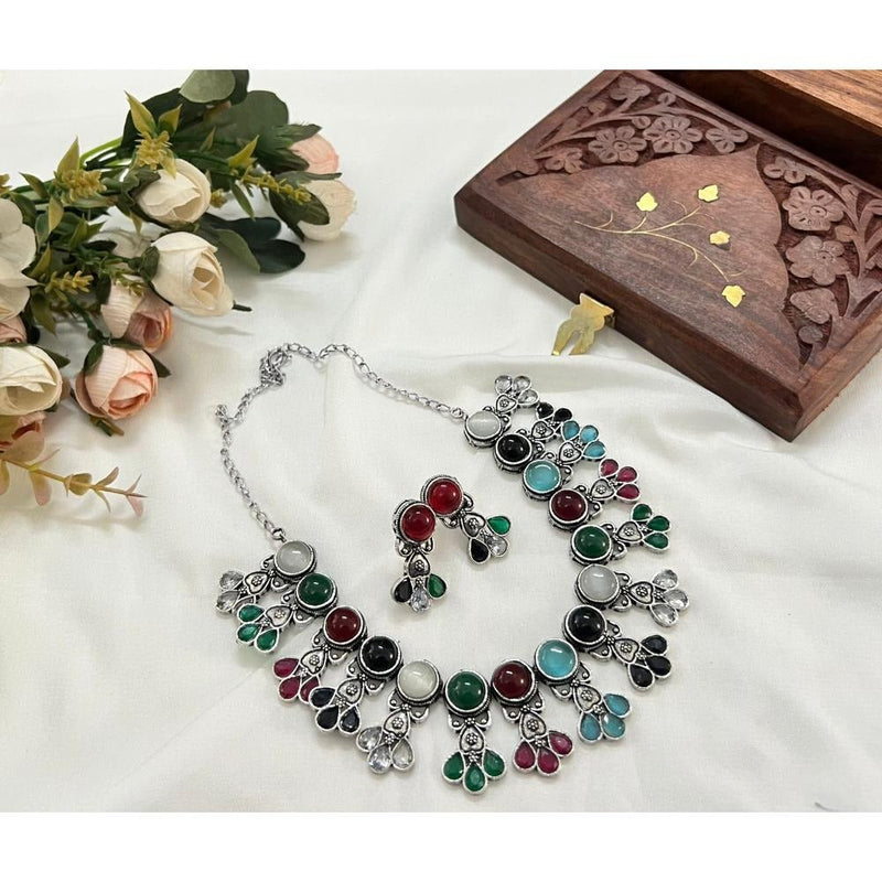 Akruti Collection Oxidised Plated Pota Stone Necklace Set