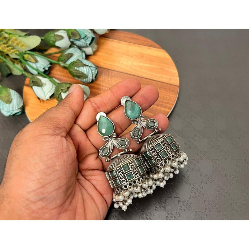 Akruti Collection Oxidised Plated Pota Stone Jhumki Earrings