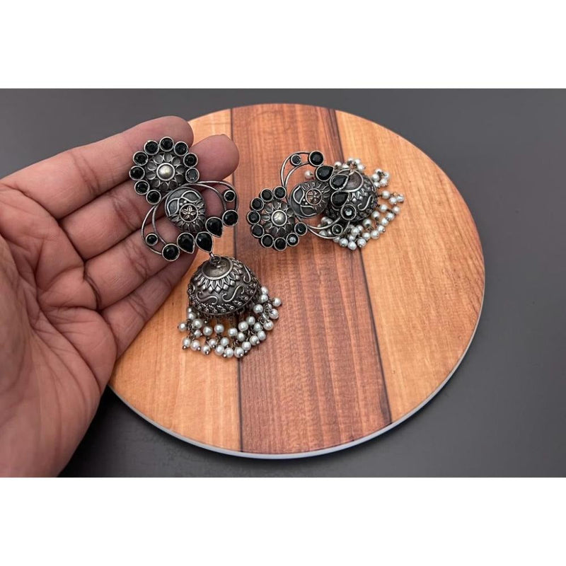 Akruti Collection Oxidised Plated Pota Stone Jhumki Earrings