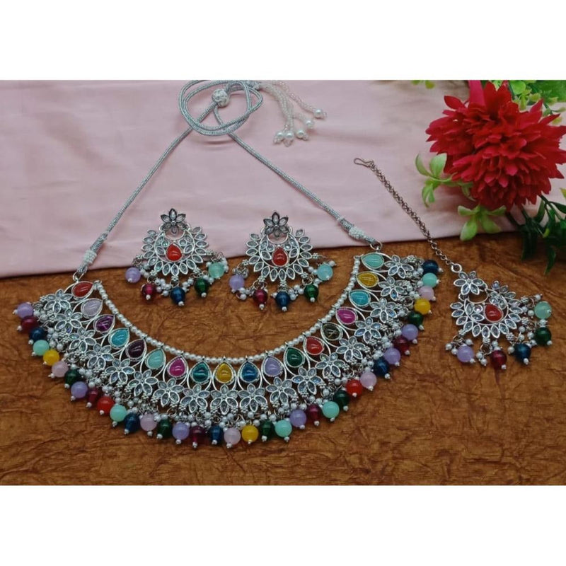 Akruti Collection Silver Plated Crystal Stone And Beads Necklace Set