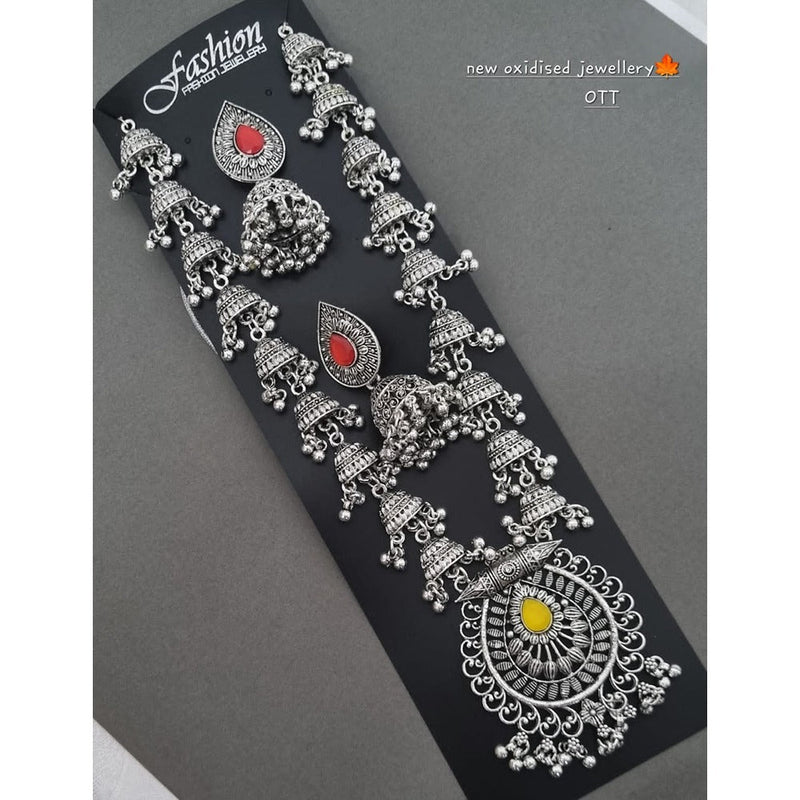 Akruti Collection Oxidised Plated Pota Stone Long Necklace Set