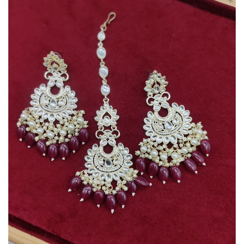 Akruti Collection Gold Plated Kundan Stone And Pearls Earrings With Maangtikka