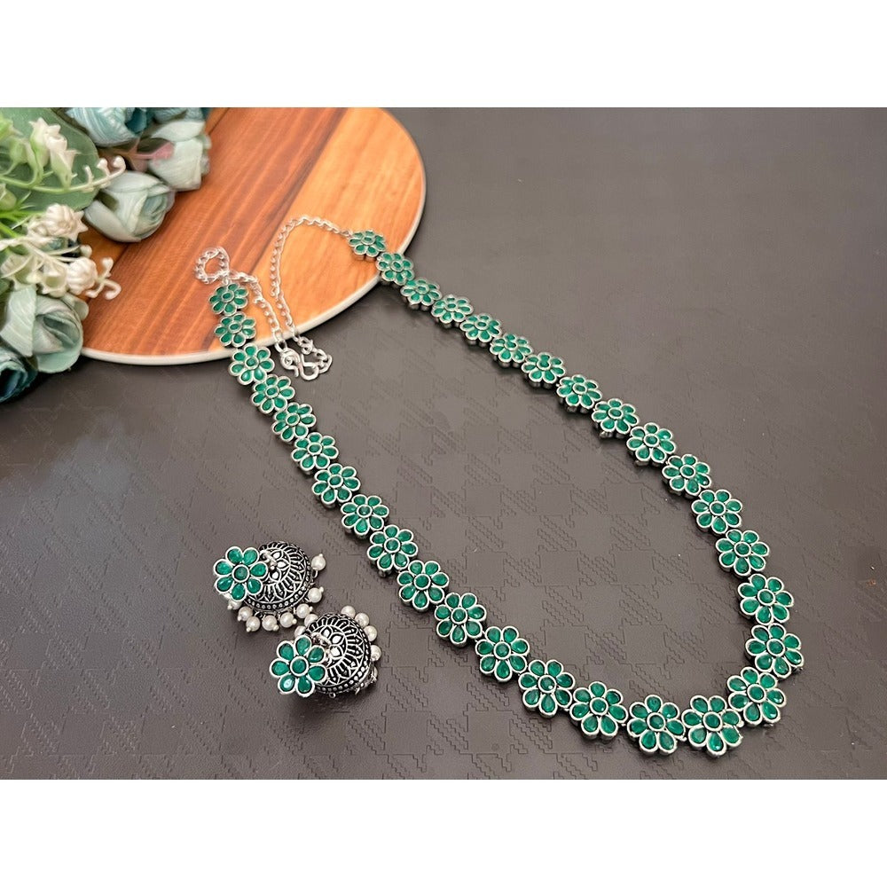 Akruti Collection Oxidised Plated Pota Stone Long Necklace Set