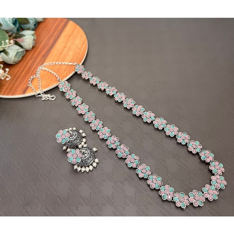 Akruti Collection Oxidised Plated Pota Stone Long Necklace Set