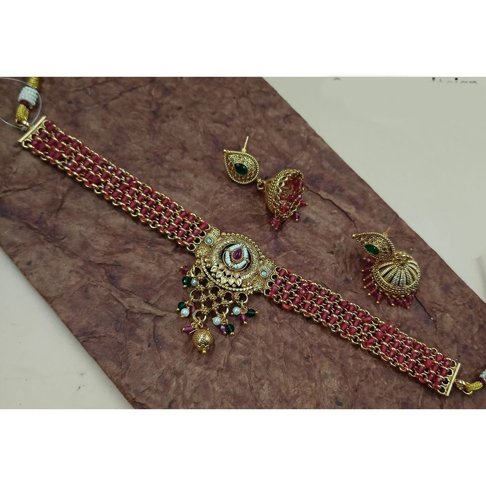 Akruti Collection Gold Plated Pota Stone And Pearls Choker Necklace Set