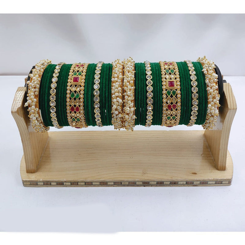 Akruti Collection Gold Plated Kundan Stone & Pearls Velvet Bangles Set