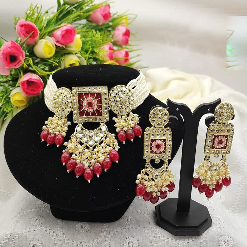 Akruti Collection Gold Plated  Kundan Stone And Beads Choker Necklace Set