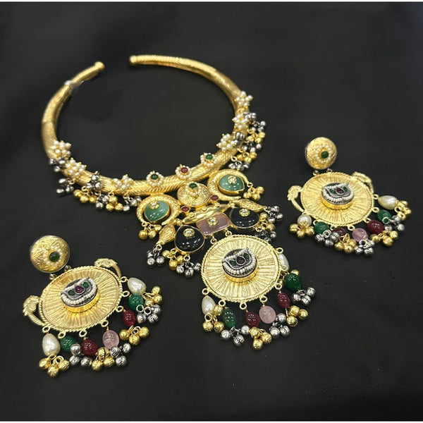 Akruti Collection Gold Plated Pota Stone And Pearls Necklace Set