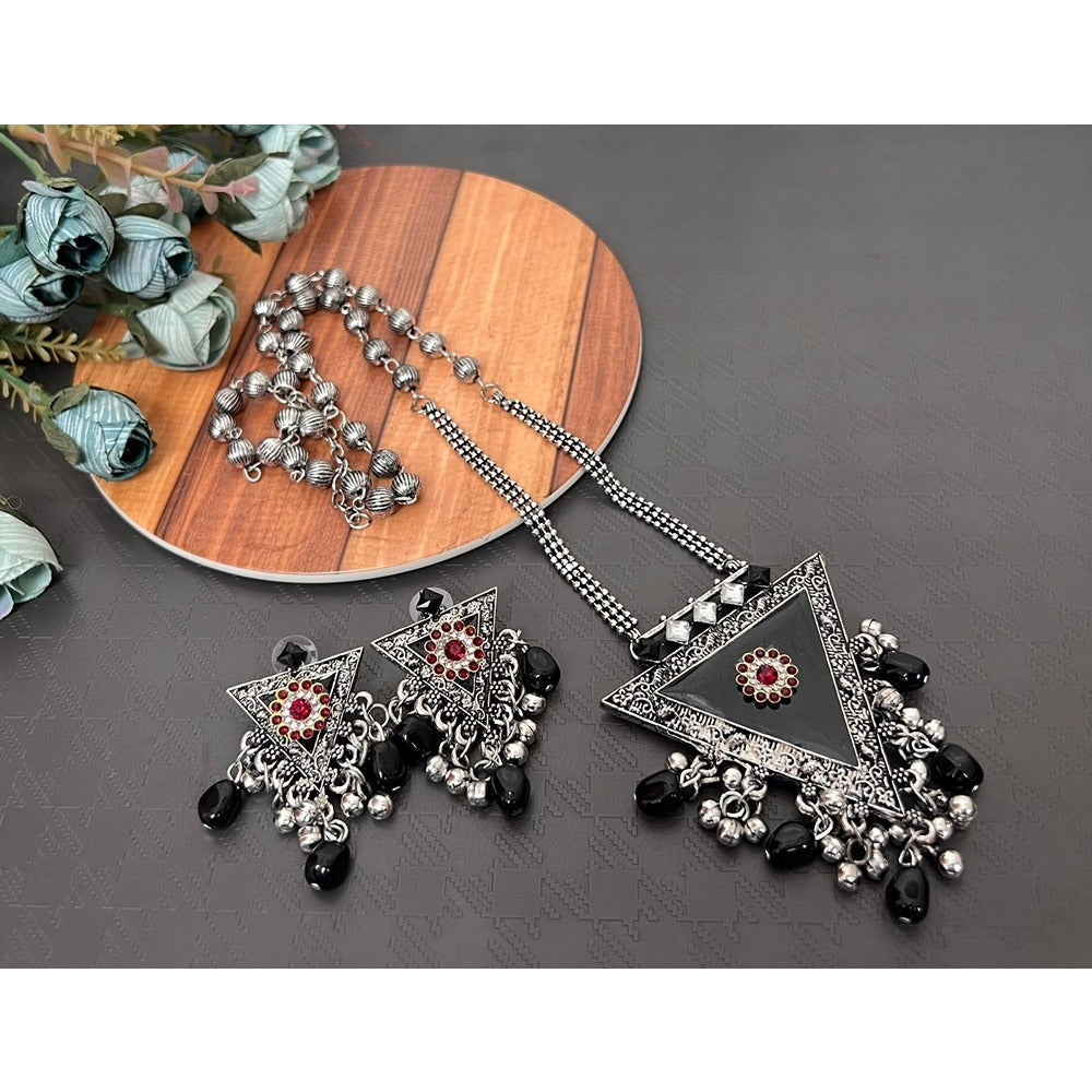 Akruti Collection Oxidised Plated Austrian Stone Long Necklace Set