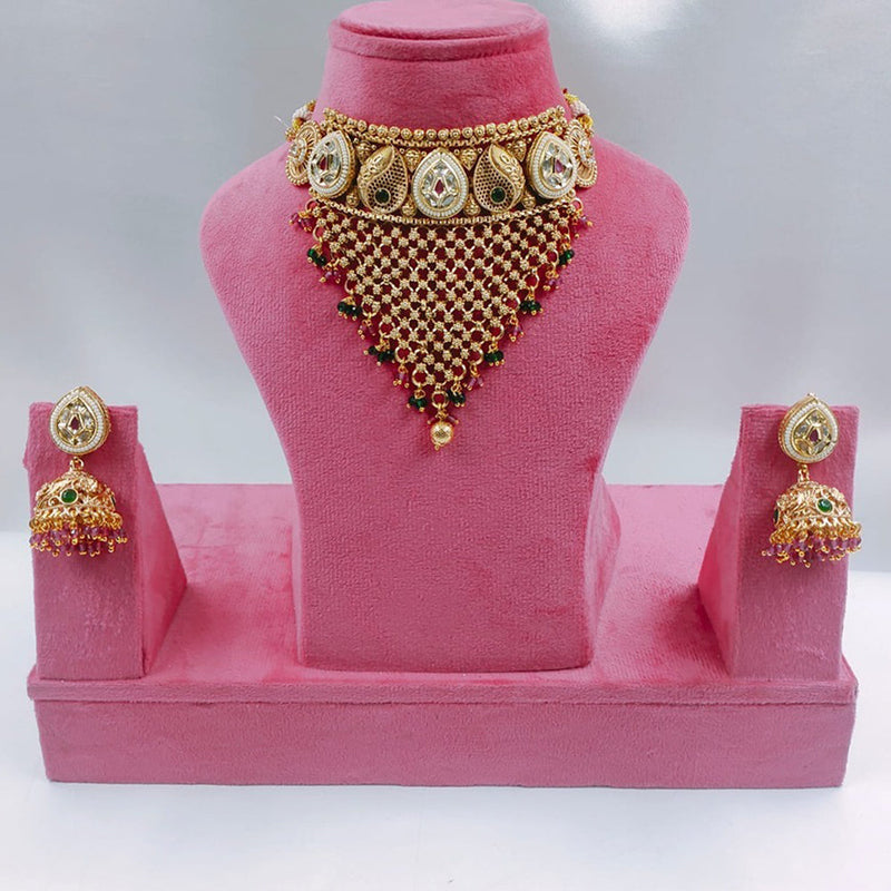 Akruti Collection Gold Plated Pota Stone And Pearls Choker Necklace Set