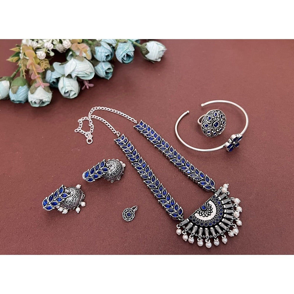 Akruti Collection Oxidised Plated Pota Stone Combo Set