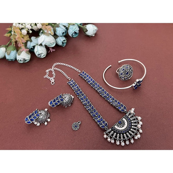 Akruti Collection Oxidised Plated Pota Stone Combo Set