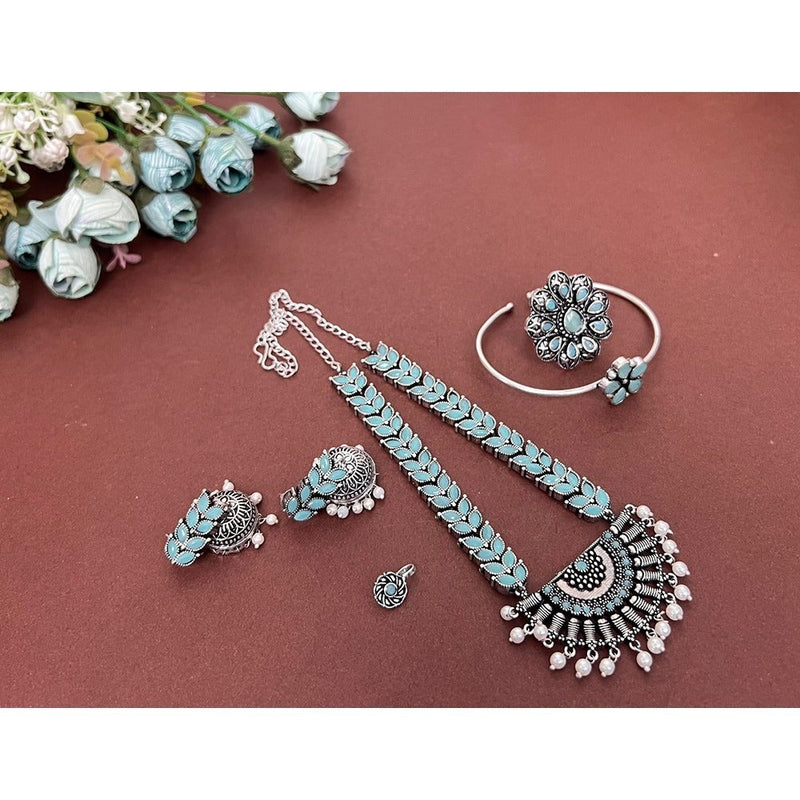 Akruti Collection Oxidised Plated Pota Stone Combo Set