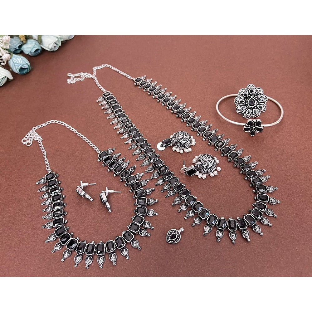 Akruti Collection Oxidised Plated Pota Stone Combo Set