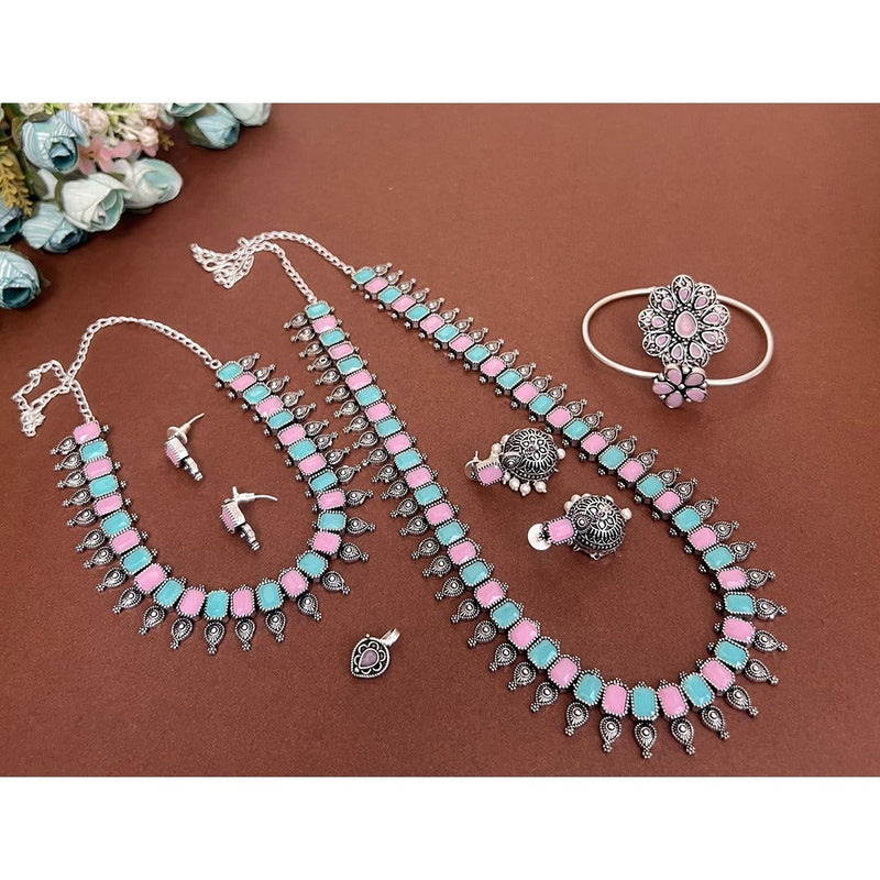 Akruti Collection Oxidised Plated Pota Stone Combo Set