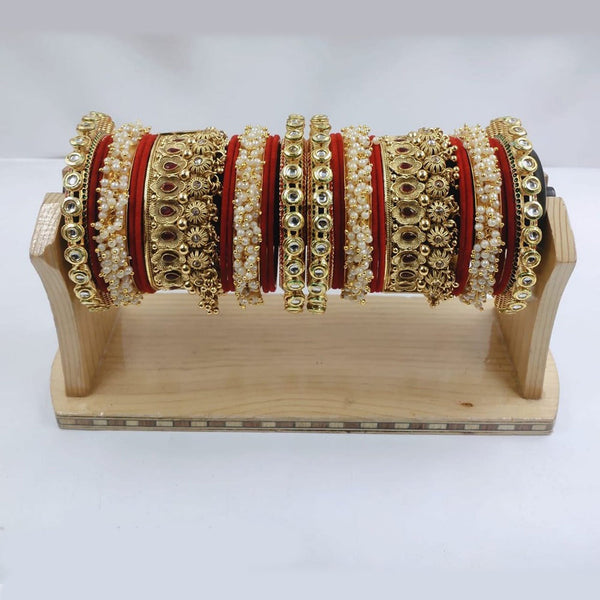 Akruti Collection Gold Plated Kundan Stone And Pearl Bangles Set