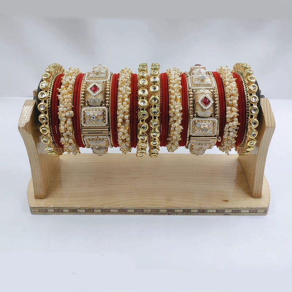 Akruti Collection Gold Plated Kundan Stone And Pearl Meenakari Bangles Set