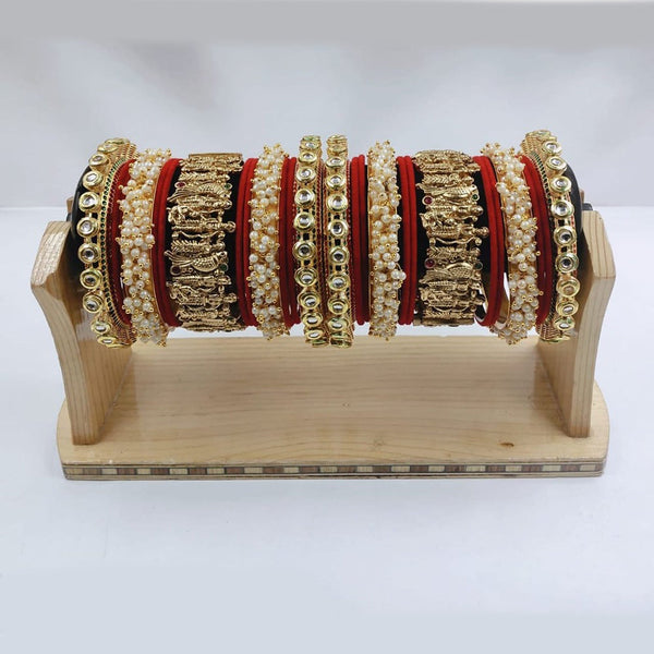 Akruti Collection Gold Plated Kundan Stone And Pearl Bangles Set