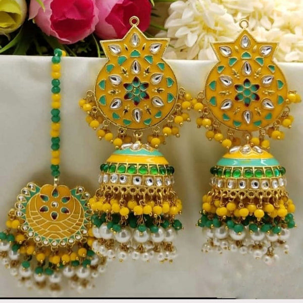 Akruti Collection Gold Plated Kundan Stone And Pearls Meenakari Earrings With Maangtikka