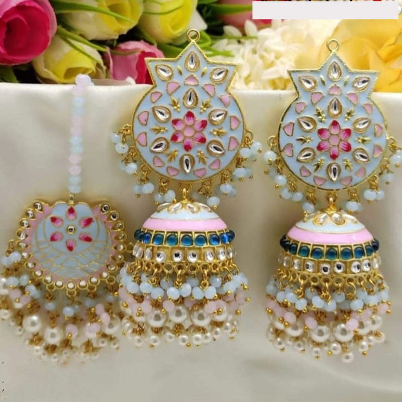 Akruti Collection Gold Plated Kundan Stone And Pearls Meenakari Earrings With Maangtikka