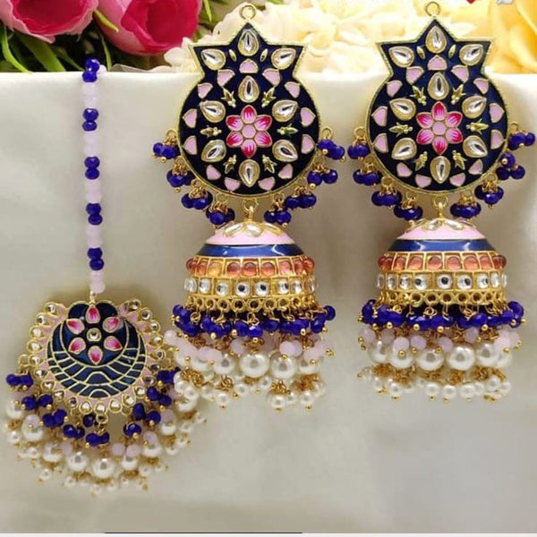 Akruti Collection Gold Plated Kundan Stone And Pearls Meenakari Earrings With Maangtikka