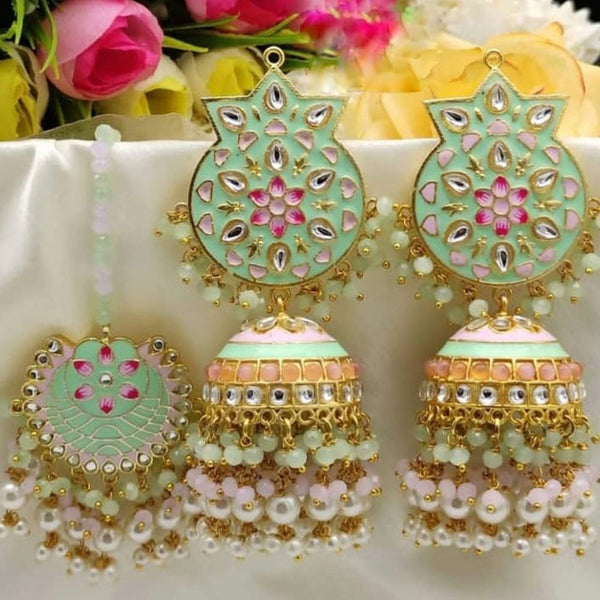 Akruti Collection Gold Plated Kundan Stone And Pearls Meenakari Earrings With Maangtikka