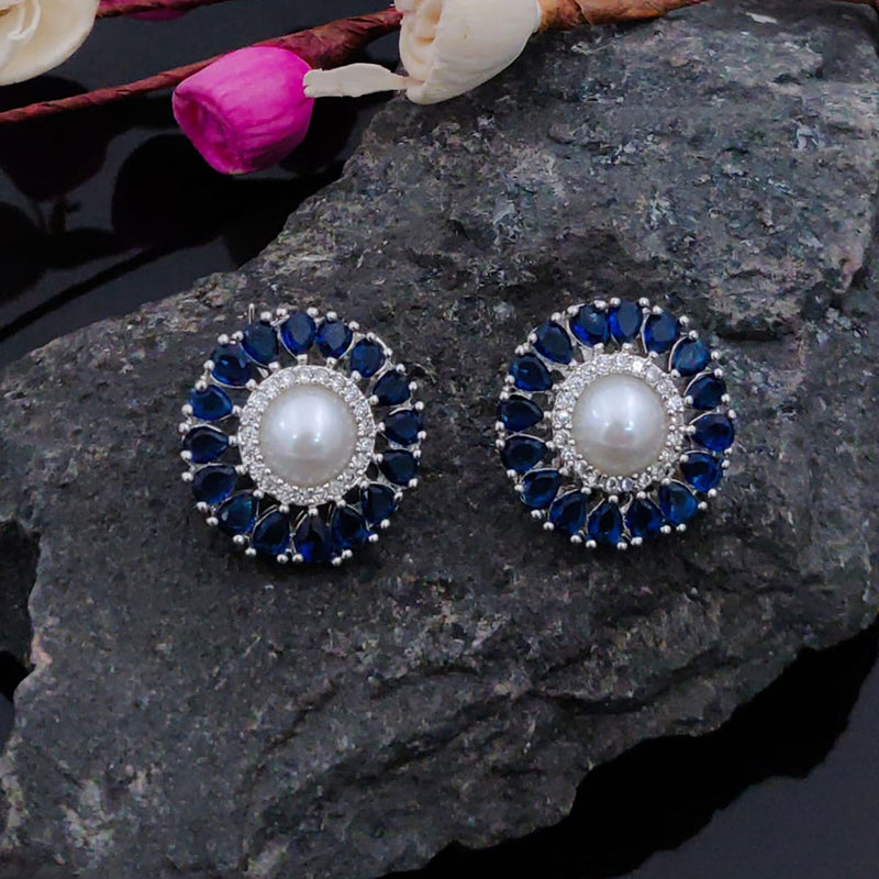 Akruti Collection  Silver Plated AD And Pearl  Stud  Earrings