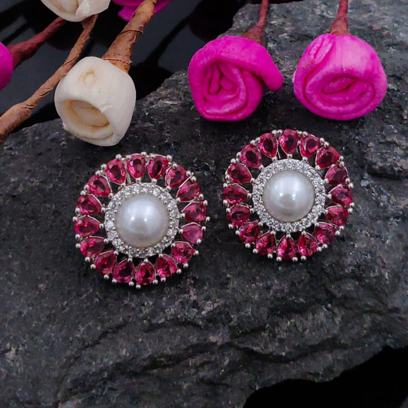 Akruti Collection  Silver Plated AD And Pearl  Stud  Earrings