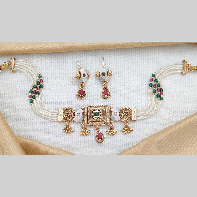 Akruti Collection Gold Plated Kundan Stone And Meenakari Choker Necklace Set