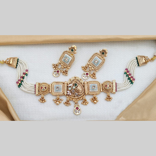 Akruti Collection Gold Plated Kundan Stone And Meenakari Choker Necklace Set