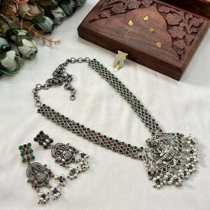 Akruti Collection Oxidised Plated Pota Stone Necklace Set