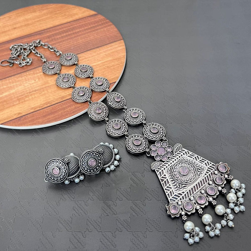 Akruti Collection Oxidised Plated Pota Stone Necklace Set