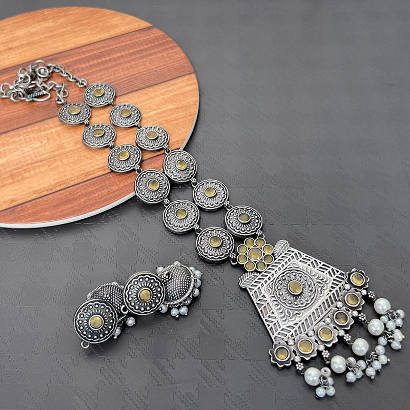 Akruti Collection Oxidised Plated Pota Stone Necklace Set