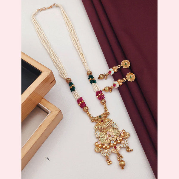 Akruti Collection Gold Plated Pota Stone And Pearls Long Necklace Set