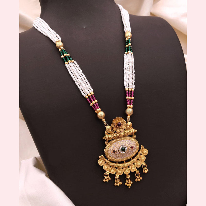 Akruti Collection Gold Plated Pota Stone And Pearls Long Necklace Set