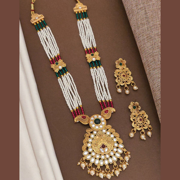 Akruti Collection Gold Plated Pota Stone And Pearls Long Necklace Set