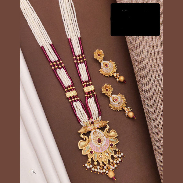 Akruti Collection Gold Plated Pota Stone And Pearls Long Necklace Set