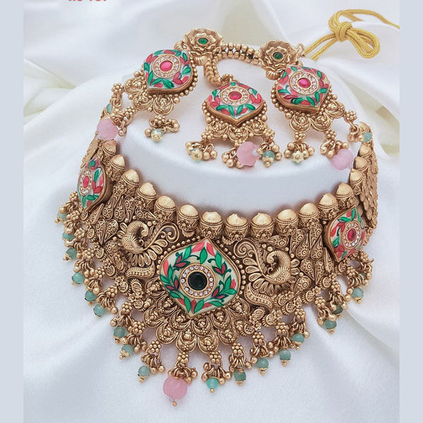 Akruti Collection Gold Plated Pota Stone And Pearls Meenakari Choker Necklace Set