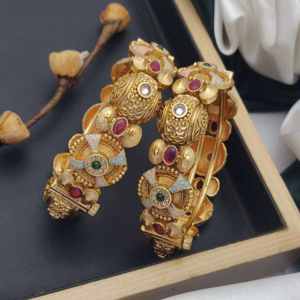 Akruti Collection Gold Plated Pota Stone And Meenakari Openable Bangles Set