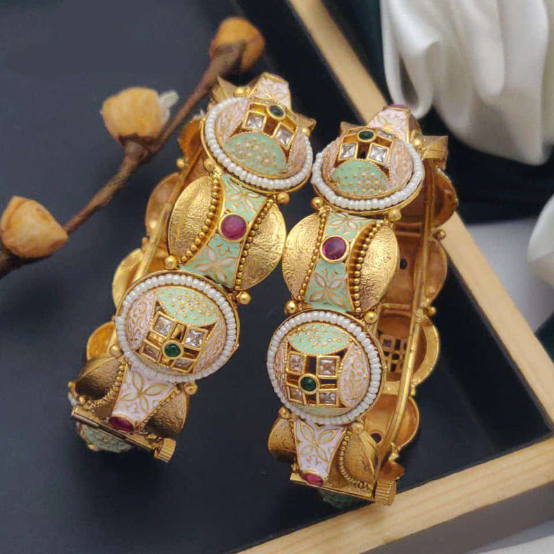 Akruti Collection Gold Plated Pota Stone And Meenakari Openable Bangles Set