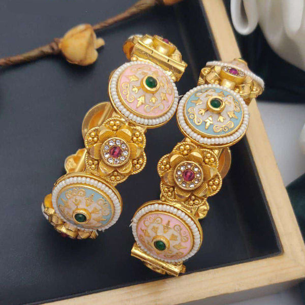 Akruti Collection Gold Plated Pota Stone And Meenakari Openable Bangles Set